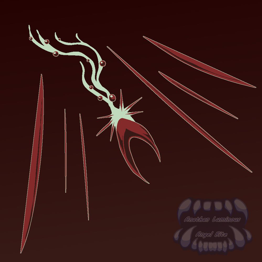 a "seed" using its shell as a sharp beak lunging at something, on its roots are red shiny droplets hardening, on its body are thorns that are also floating next to it as they shed they protect the main body without being directly connected to it