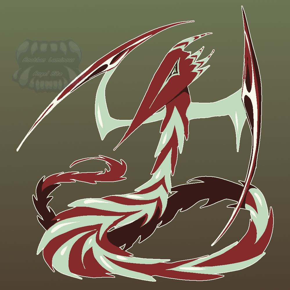 a naga  like creature with its lower body snaking around, its arms have mantis like blades, its head is aerodynamic with sharp eyes, the patterns on its body might remind one of a circuis red and pale color combo interchanging