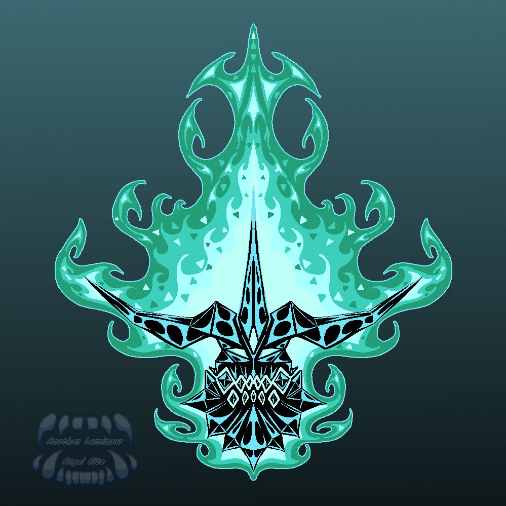 a skull with 3 horns made out of black crystals, its "teeth" are floating inside of the mouth area, its beard is crystals, in cyan-ish green flame with triangel particles inside of it