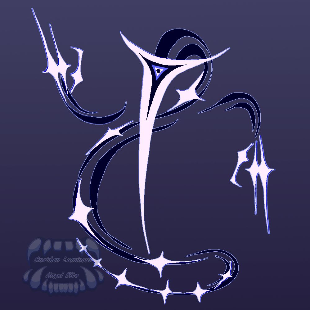a creature made of lightly glowing sharp shapes, it has a big eye in the middle of its triangular head , its arms are in the Baphomet pose pointing to haven and hell, it has dark inky smooth smoke forming ribbons to hold the body together 