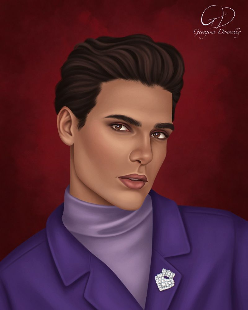 Portrait of a male character with slicked back brown hair, warm brown eyes and deep red/purple eye shadow, high cheekbones and pale skin. He’s wearing a purple tux with a diamond brooch pinned to the lapel