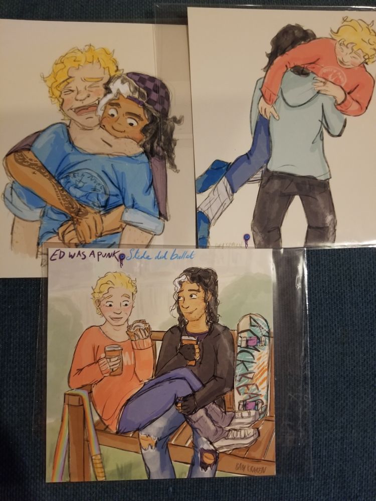 Three lovely baby kraken skater bois prints. Ed biting stede shoulder, ed picking up stede and them sitting on a bench all sweet and snuggley like. 