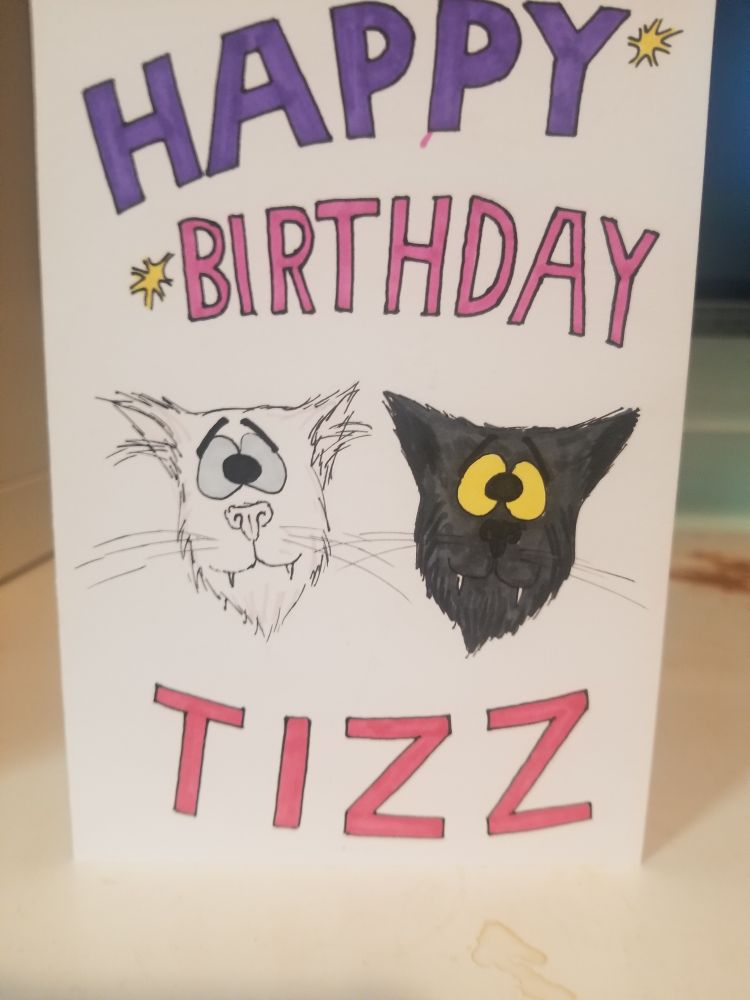 A white card. Handmade. It has cartoon heads of my cats on it. One black with yellow eyes and one white with blue eyes. It says happy birthday Tizz.