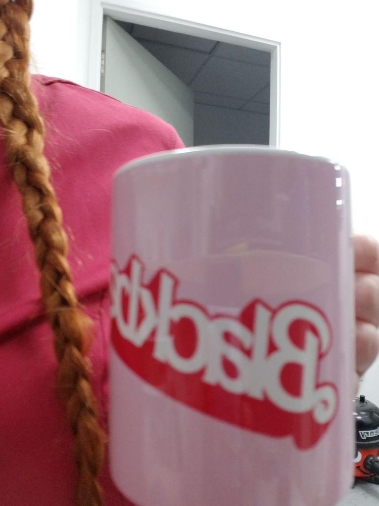 A picture of the blackbeard Barbie might. Pale pink with the world blackbeard in the barbie font. You can just see my very pink uniform tunic and on of my stupidly long plaits. 