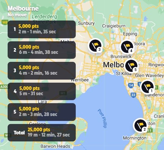 a screenshot of a geoguessr end screen.
Map: Melbourne
Mode: No move
Score: 25000
Time: 12m27s