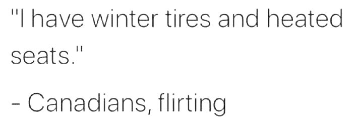 "I have winter tires and heated seats."  -- Canadians, flirting.