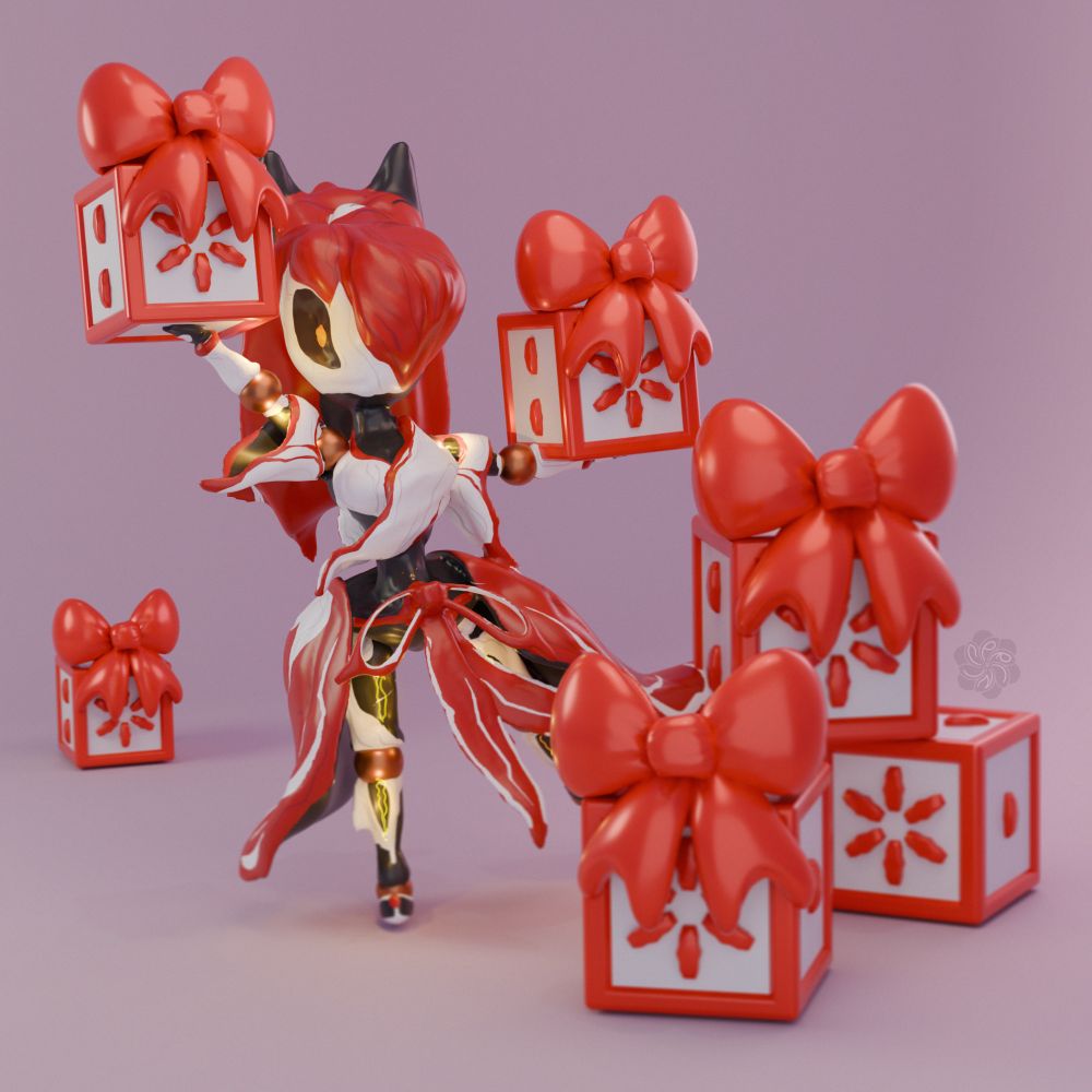A 3D model of Koumei, a Warframe. She is jumping for joy, holding a gift in each hand whilst being surrounded by piles of boxes. The festive nature suggests Christmas is nearing.