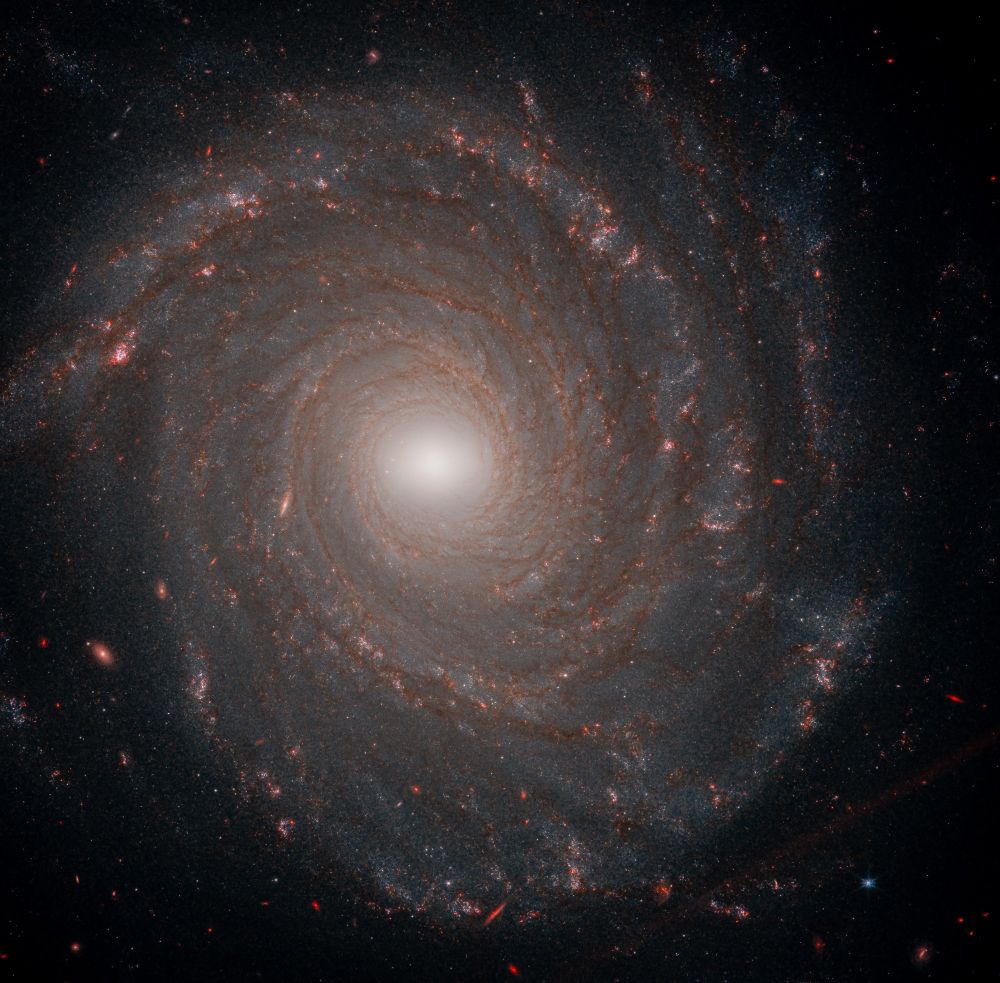 A spiral galaxy with its arms in red and orange with some star clusters into them. The centre is very bright. Background galaxies can be spotted everywhere, appearing red. 
