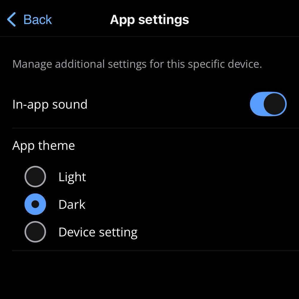 Dark mode app theme is available
