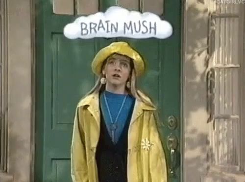 a girl in a yellow raincoat and hat is standing in front of a green door with a brain mush cloud above her head .