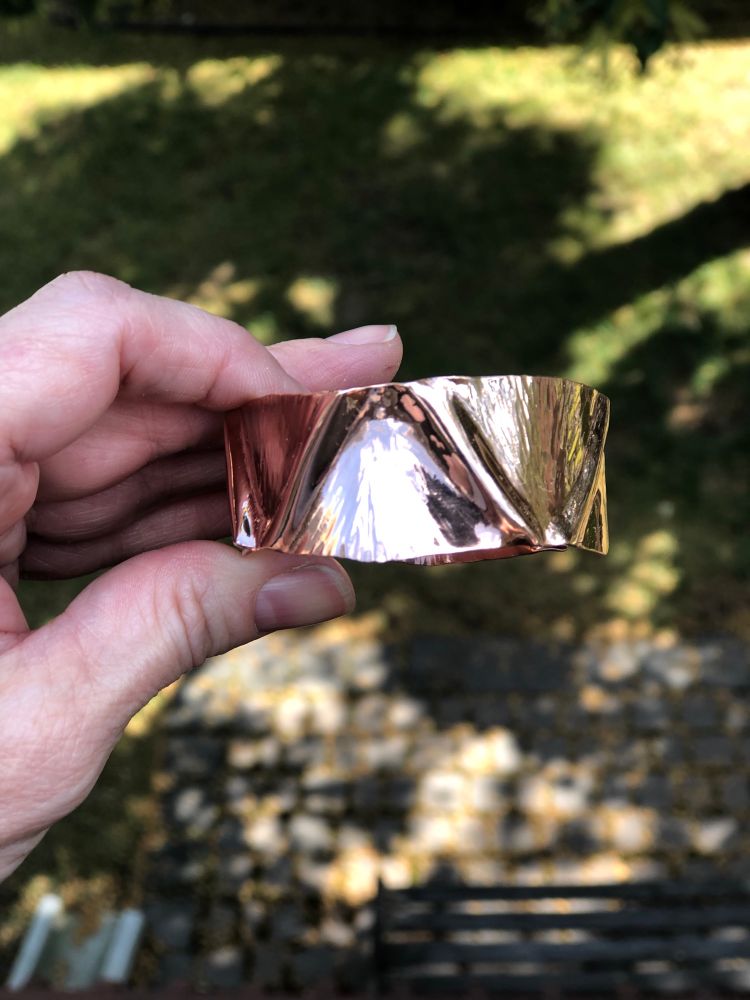 Copper foldformed cuff with forged patterns