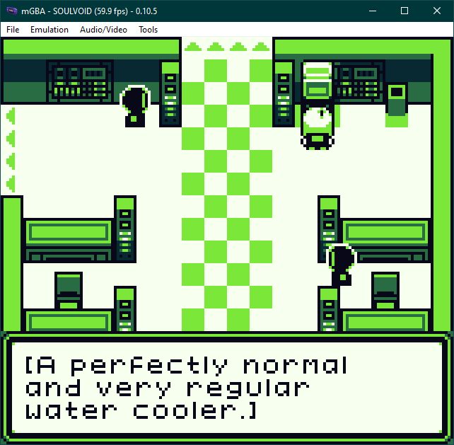 a screenshot from Soul Void Redux. the player character is inspecting a watercooler in the factory's break room; the narration describes it as "A perfectly normal and very regular water cooler."