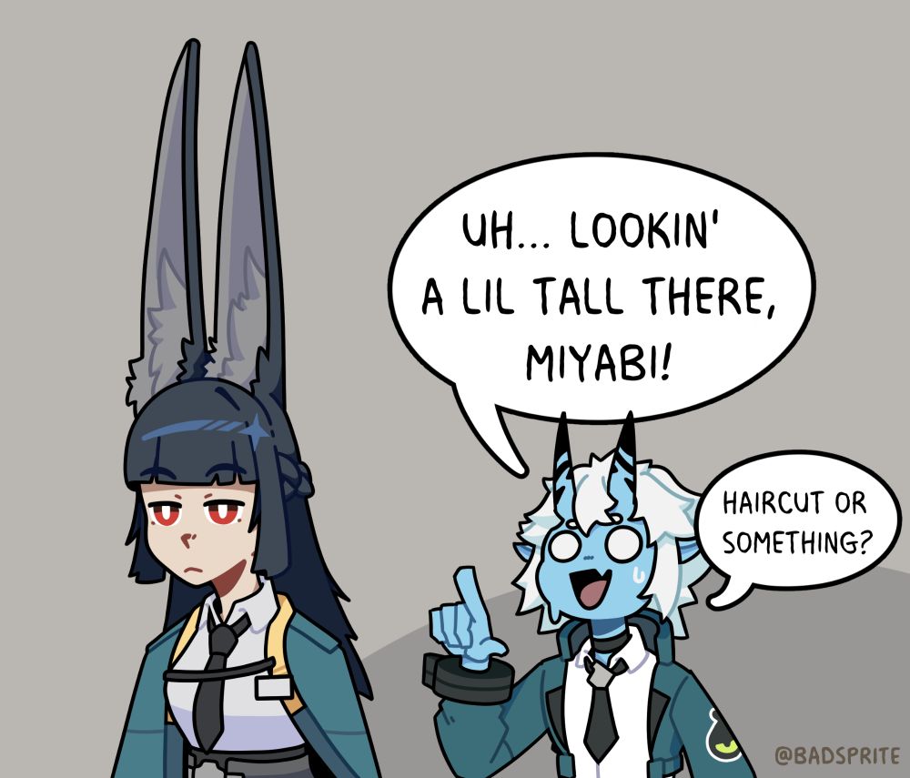 A comic with Soukaku pointing at Miyabi's ears saying "Uh... lookin' a lil tall there, Miyabi! Haircut or something?"

Miyabi stands in front of her with ridiculously long ears.