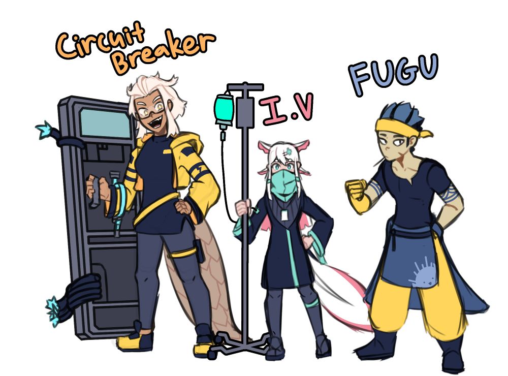 Concept art of some Arknights fan characters. From left to right. 

Circuit Breaker: A tall white-haired woman with tan skin and a pangolin tail. She's wearing dark clothes and accessories bright yellow jacket. She's also holding a electronic door frame as a shield.

I.V: A small girl with axolotl features. She's wearing a blue scarf to cover her face and is wielding a I.V stand that is connected to her right arm.

Fugu: A man middle in height. He has spikey hair and is wearing an apron with a pufferfish design on it.