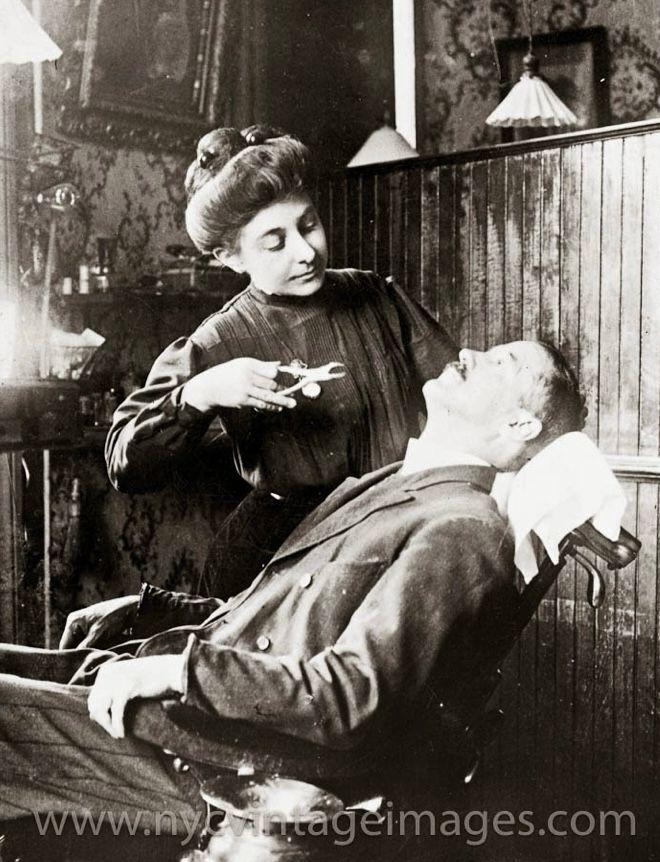 Old time photo patient and female dentist with plyers 