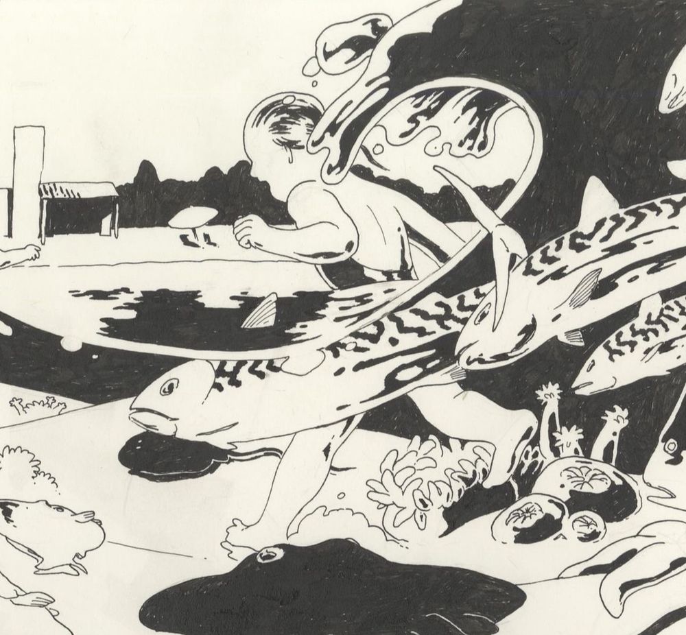 Ink drawing of fish riding a wave with a kid playing in the water. 
