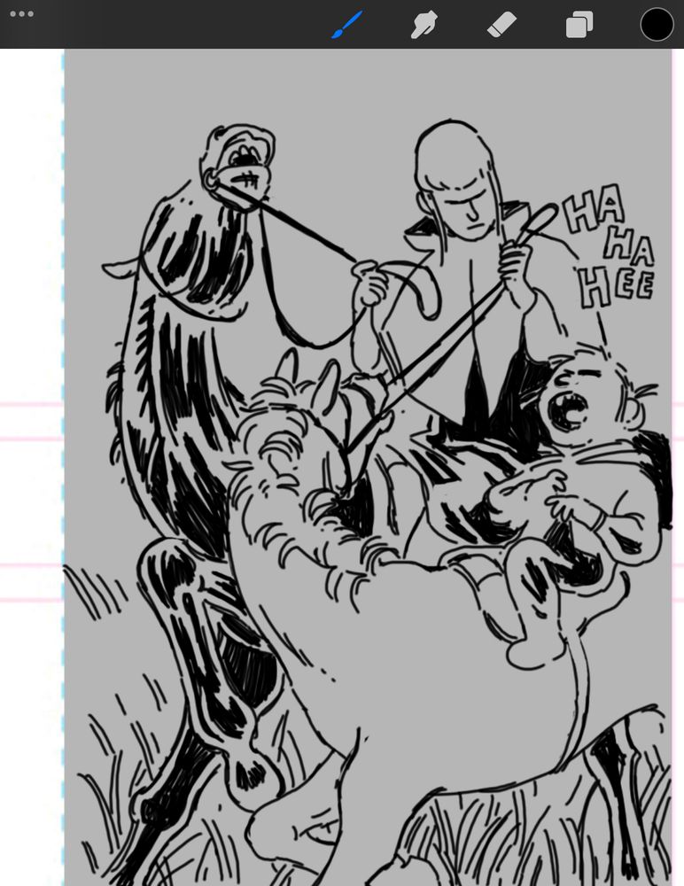 inked comic panel where a woman on a taller horse holds the reins of both her horse and a smaller horse with a child on it. 