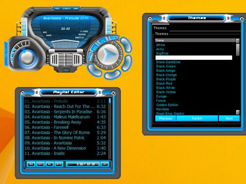A screenshot showing 3 windows of a 2000s futurist themed WinAMP player. The top-left has the main player showing the player is at half-volume, paused, and queued in Avantasia - Prelude. The right shows the Themes window with the themes listed
Africa
Enemy
BigBlue
An unintelligible theme that is highlighted
Black-DarkBlue
Black-Green
Black-Indigo
Black-Orange
Black-Purple
Black-Red
Black-White
Black-Yellow
Europe
Forest
Golden Edition
Rainbow
Royal-Blue-Saphir
The bottom-left shows the playlist editor window with a list of songs:
01. Avantasia - Prelude 1:11
02. Avantasia - Reach Out For The … :32
03. Avantasia - Serpents in Paradise 6:16
04. Avantasia - Maleus Maleficarum 1:43
05. Avantasia - Breaking Away 4:35
06. Avantasia - Farewell 6:33
07. Avantasia - The Glory of Rome 5:29
08. Avantasia - In Nomne Patris 1:04
09. Avantasia - Avantasia 5:32
10. Avantasia - A New Dimension 1:40
11. Avantasia - Inside 2:24