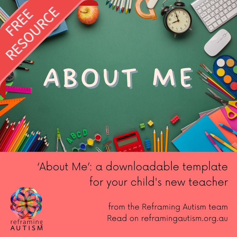 There is an image of a blackboard framed by pencils, calculators, paints, an apple, alarm clock and other school paraphernalia. ABOUT ME is written on the board. A red banner announces: FREE RESOURCE. Beneath, a red text box reads 'About Me': a downloadable template for your child's new teacher from the Reframing Autism team. Read on reframingautism.org.au. The Reframing Autism logo is in the bottom left.
