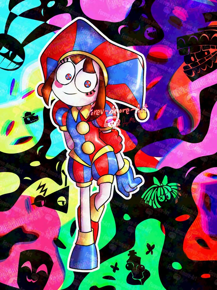 Digital drawing of Pomni from the Amazing Digital Circus ( TADC )
Caine, Zooble, Ragatha, Jax, Gangle, and Kinger can be seen within the abstract- looking background