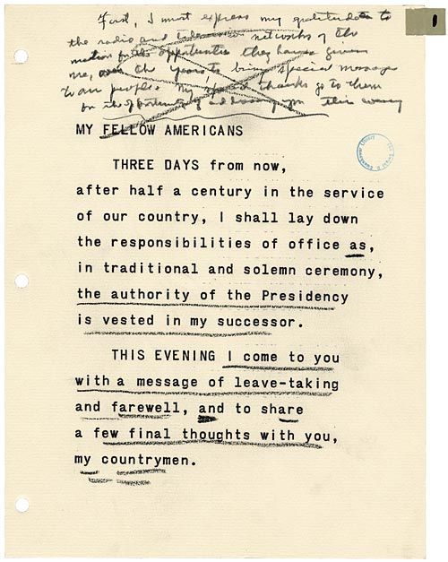 Farewell address by President Dwight D. Eisenhower, January 17, 1961; Final TV Talk 1/17/61 (1), Box 38, Speech Series, Papers of Dwight D. Eisenhower as President, 1953-61, Eisenhower Library; National Archives and Records Administration