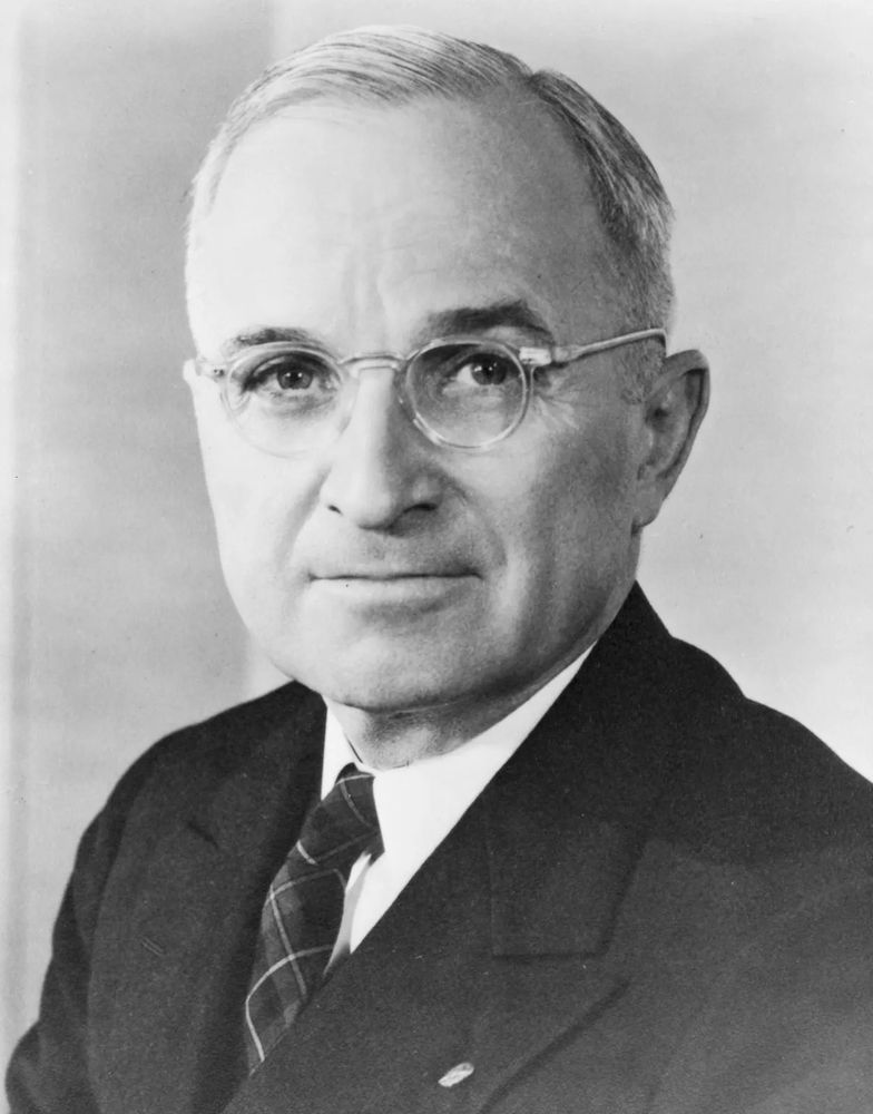 Photo of Harry S. Truman (May 8, 1884 – December 26, 1972). He was the 33rd president of the United States, serving from 1945 to 1953. A member of the Democratic Party, he assumed the presidency after Franklin D. Roosevelt's death, as he was vice president at the time. 