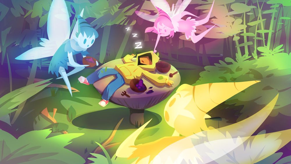 A blue, pink and yellow fairy investigate a sleeping character wearing a yellow hoodie on a table that seems to have crashed their snack!