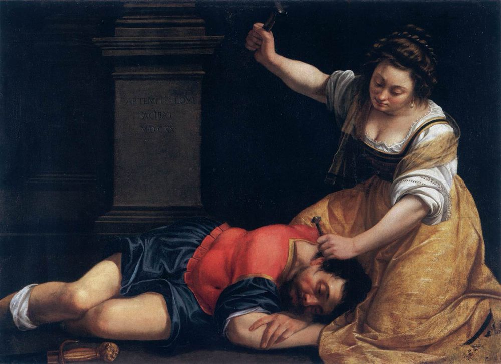 It shows a woman preparing to drive a spike into a man's head.

Jael and Sisera by Artemisia Gentileschi (1620)