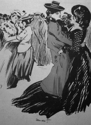 It shows a drawing of Victorian era women dancing together.