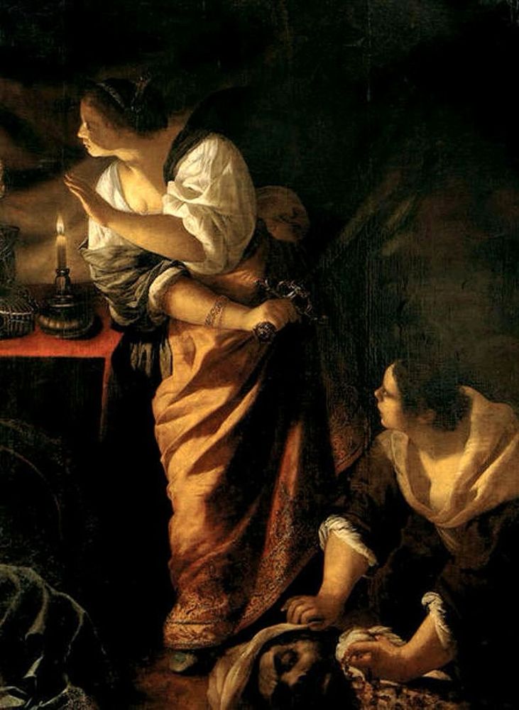 It shows two women attempting to hide the severed head of a man.

Judith and Her Maidservant by Artemisia Gentileschi (1646)