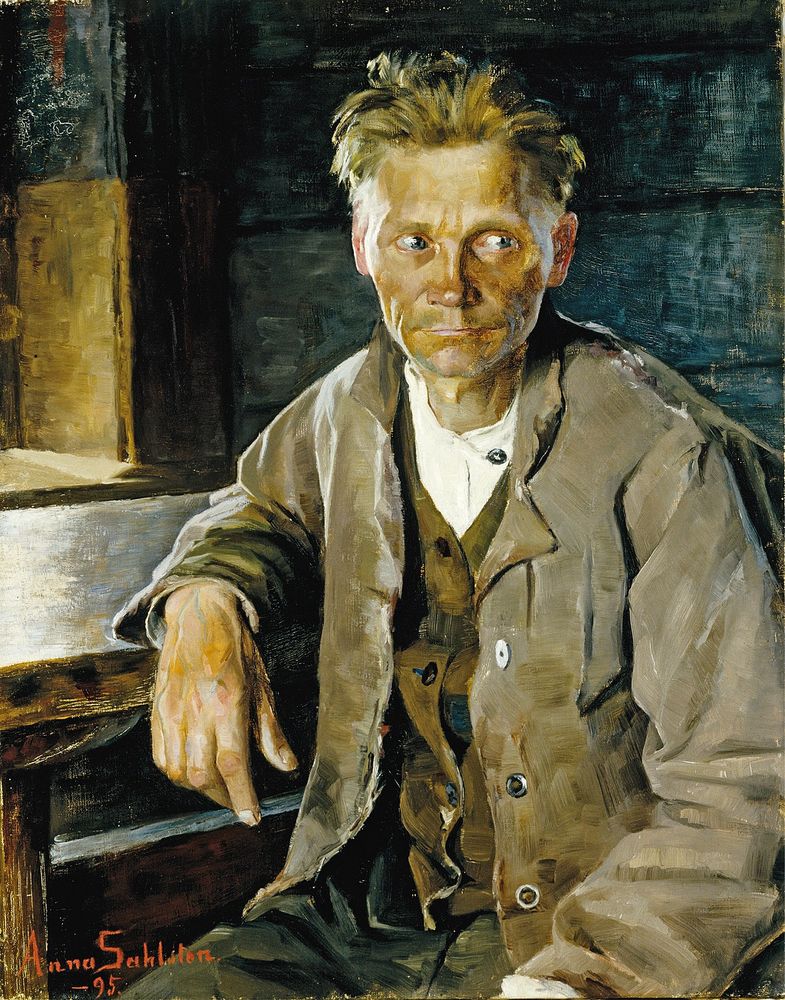 It shows a man with a gaunt face, due to starvation, worrying about feeding his family.

Bread Worries by Anna Sahlstén (1895)
