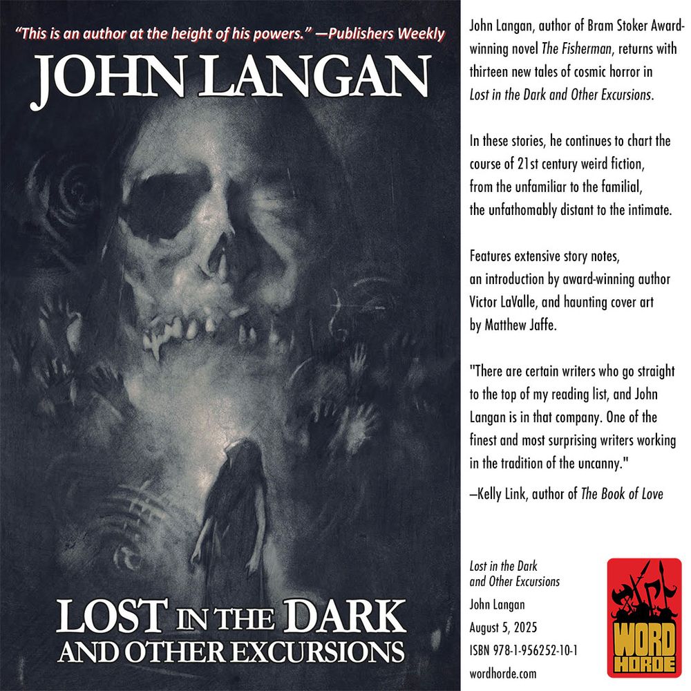 Cover art by Matt Jaffe for Lost in the Dark and Other Excursions, a collection of short stories by John Langan. Cover features a large skull looming over a woman looking over her right shoulder. Petroglyphs and handprints surround them both. 
