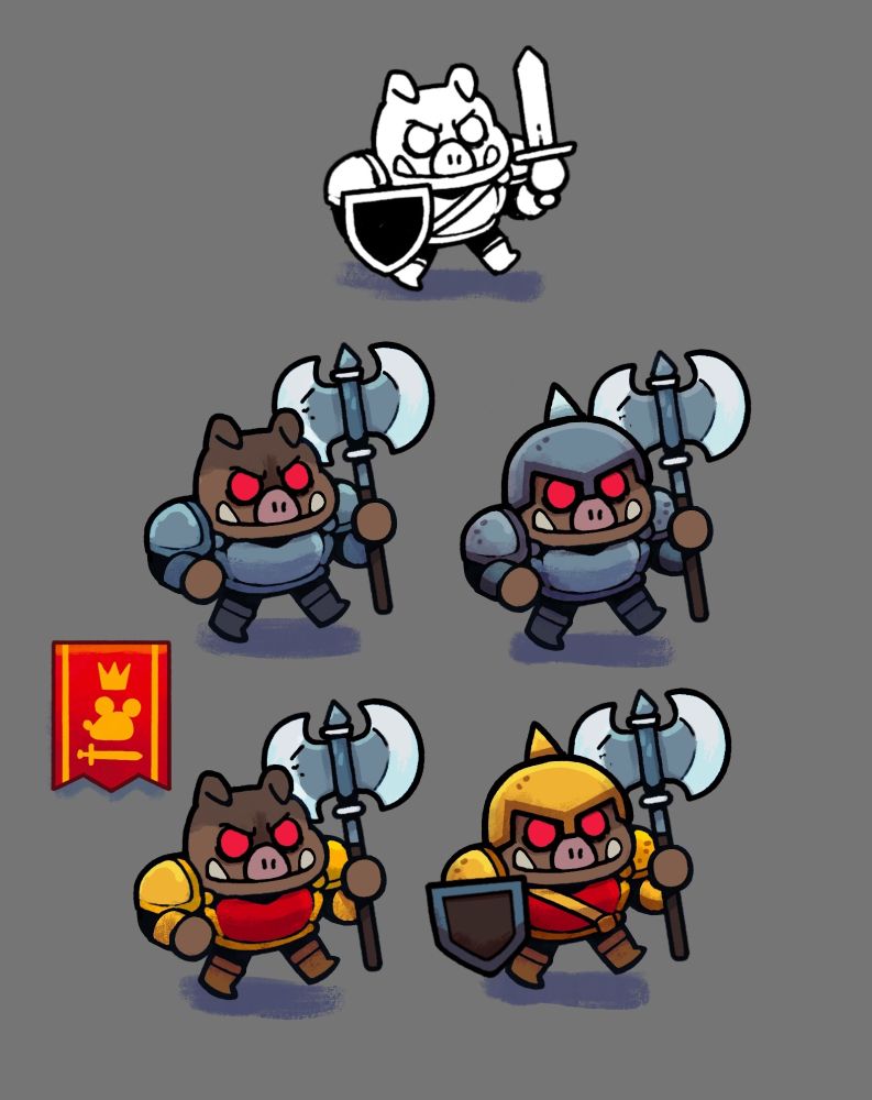 character design sheet with a few boars in armor, wielding axes