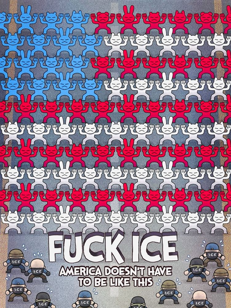 People standing against ICE agents, forming a USA flag. Text says "Fuck ICE, America doesn't have to be like this"