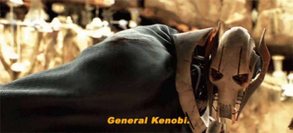 a cartoon character says " general kenobi " in yellow letters