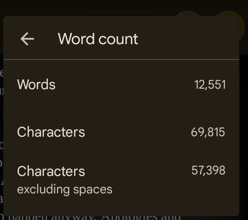 Screenshot of the Google Docs 'Word count' reading:
Words: 12551
Characters: 69815
Characters excluding spaces: 57398