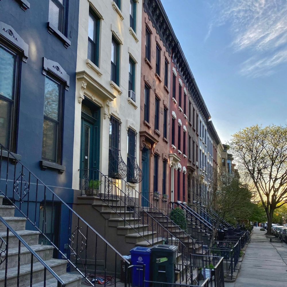 Red, White and Blue-ooklyn: A street in Park Slope Brooklyn with red, white and blue brownstones. 