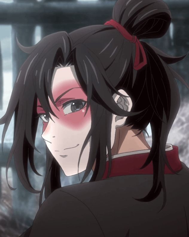 MDZS donghua Mo Xuanyu with his hanged corpse makeup looking over his shoulder at the viewer