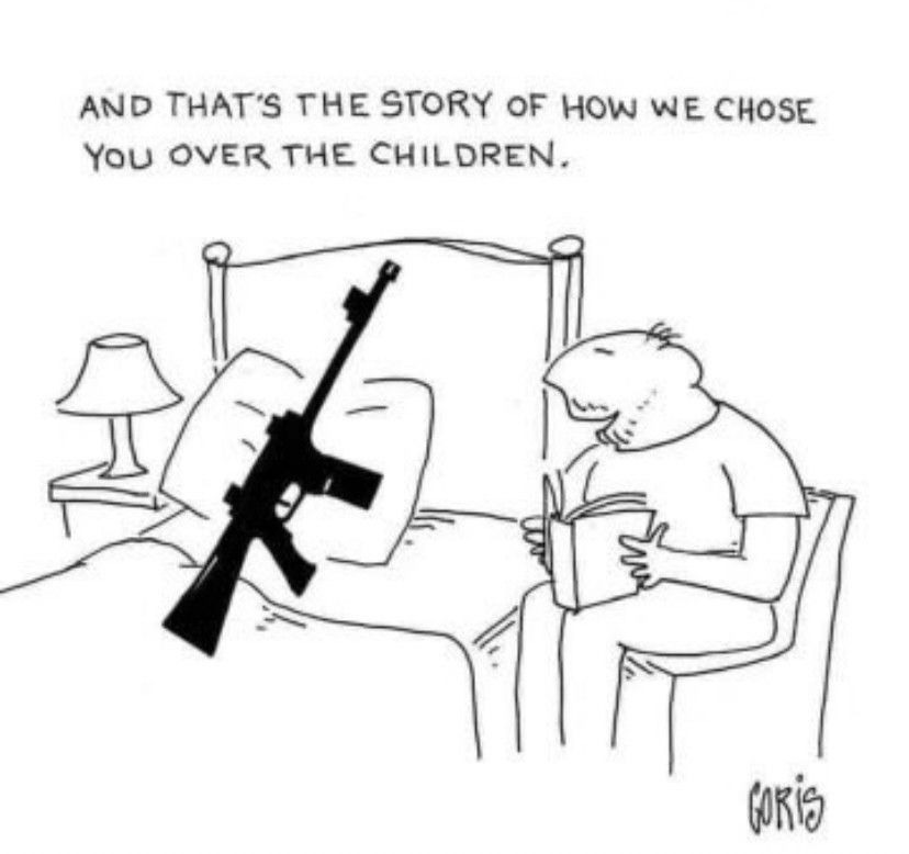 Cartoon by Dennis Goris parodying a father reading their child to sleep. But in this cartoon the child is replaced by an assault rifle. And the father figure is finishing up saying: 