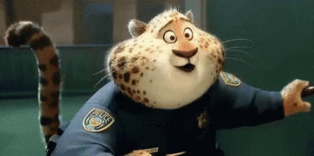 a cartoon cheetah is wearing a police uniform and holding a cane .