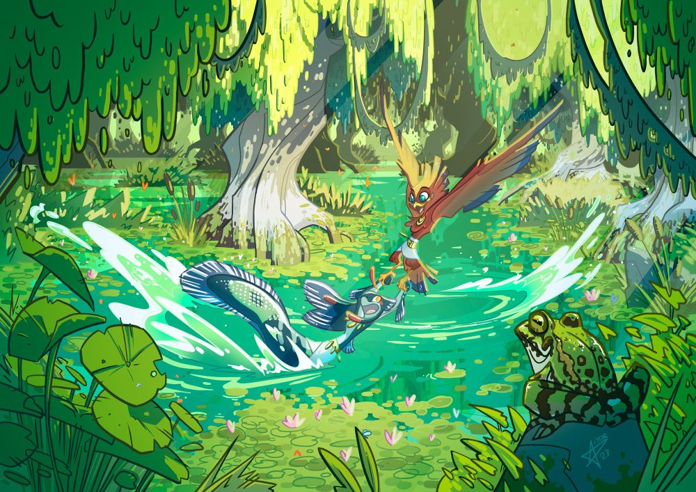 En un pantano bañado por la luz del sol, lleno de nenúfares y árboles que brotan del agua, una sirena con rasgos similares a un pez gato, de piel azulada, baila  feliz llevada de las manos por una arpía de plumaje rojo y rasgos de halcón. Usando sus garras mientras vuela trazando dibujos sobre el agua con su amiga, las dos disfrutan del baile a pesar de que una no tiene piernas sino una cola de pez y la otra no tiene brazos sino alas de pájaro. En primer plano, una rana les observa, posada sobre una piedra.