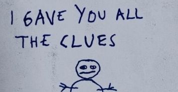 Doodle of a snowman with text in a child's handwriting that reads, "I gave you all the clues". From the film The Snowman.