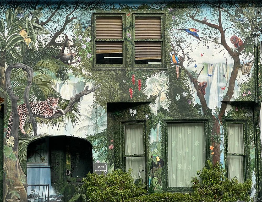 A colorful mural depicting jungle trees and animals like tigers, monkeys, and birds adorns a San Francisco home