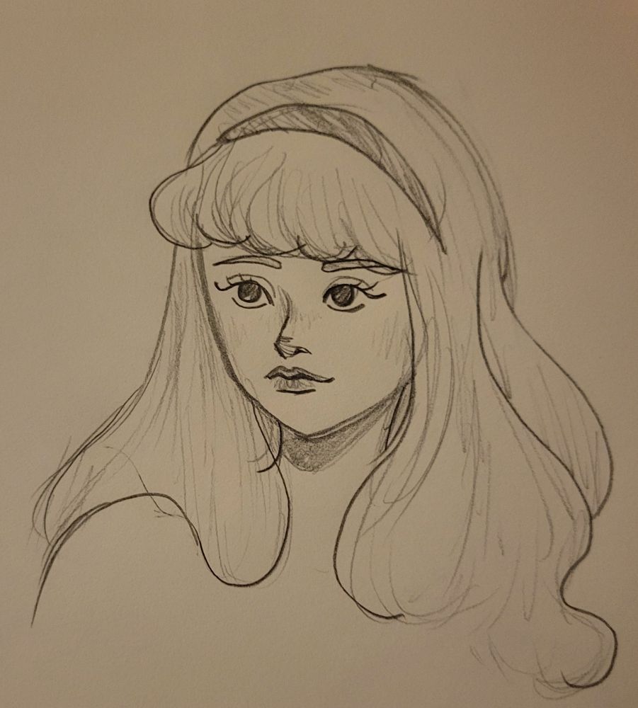 A portrait sketch of the character Daphne Blake from Scooby Doo. Her hair is long and flowing, with curled bangs. She wears her signature headband.