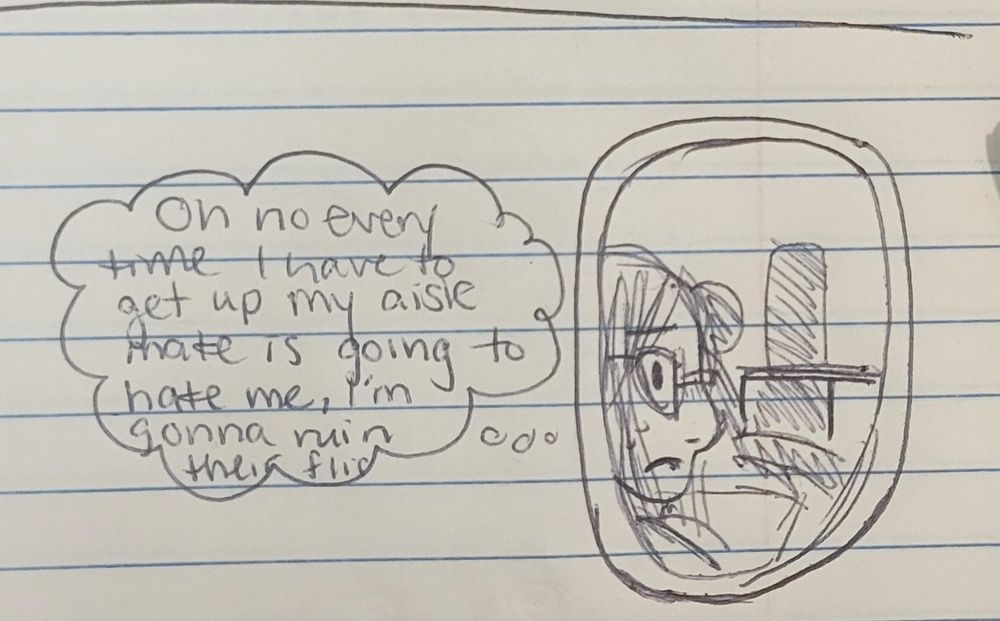 The second in a trio of single comic strip doodles. The woman is sitting in a window seat on a plane, peering out the window. She looks nervous, and in her head is thinking, "Oh no every time I have to get up my aisle mate is going to hate, I'm gonna ruin their flight--".