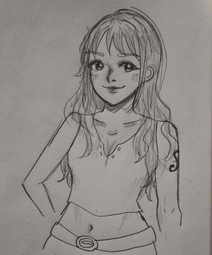 A sketch of the character Nami from the manga and anime series One Piece. She has long wavy hair and wears a cropped tank top, a belt, and jeans. 