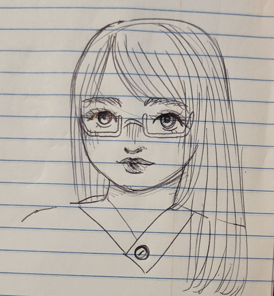 A portrait of a woman with bangs, long hair, and rectangular glasses.