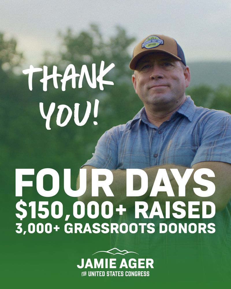 A man in a ball cap stands with arms folded across his chest looking forward and up. In handwritten font, the words "Thank you!" float to the left of him, and below that are the words, "Four Days. $150,000+ Raised. 3,000+ Grassroots Donors."