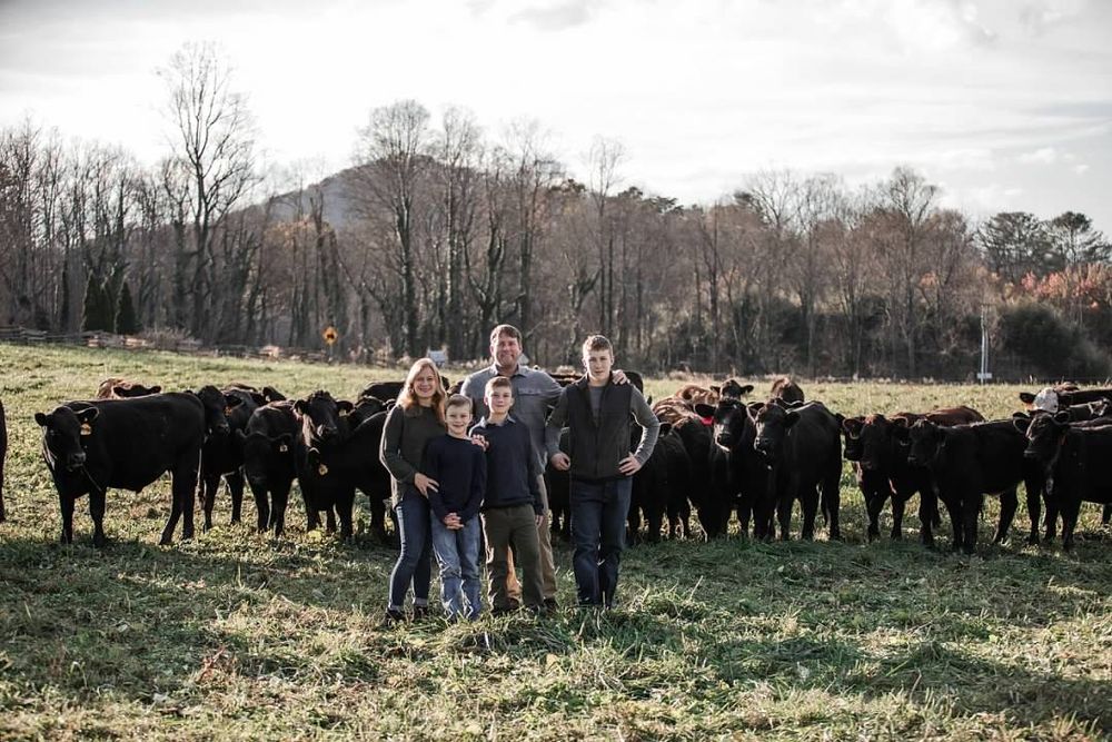 A family stands in a field with cows. A mountain is in the background.