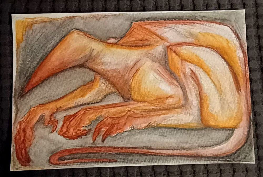 photo of a drawing on bumpy watercolor paper of a surreal angular creature
